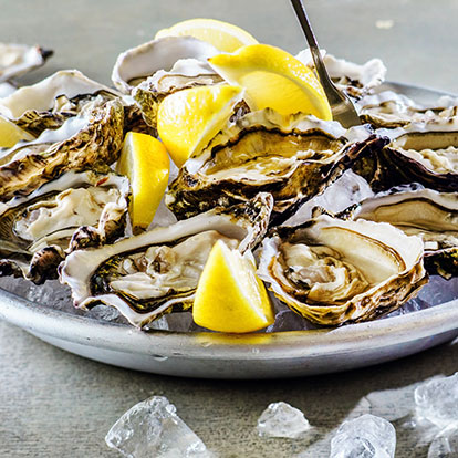 oysters on a plate with lemon